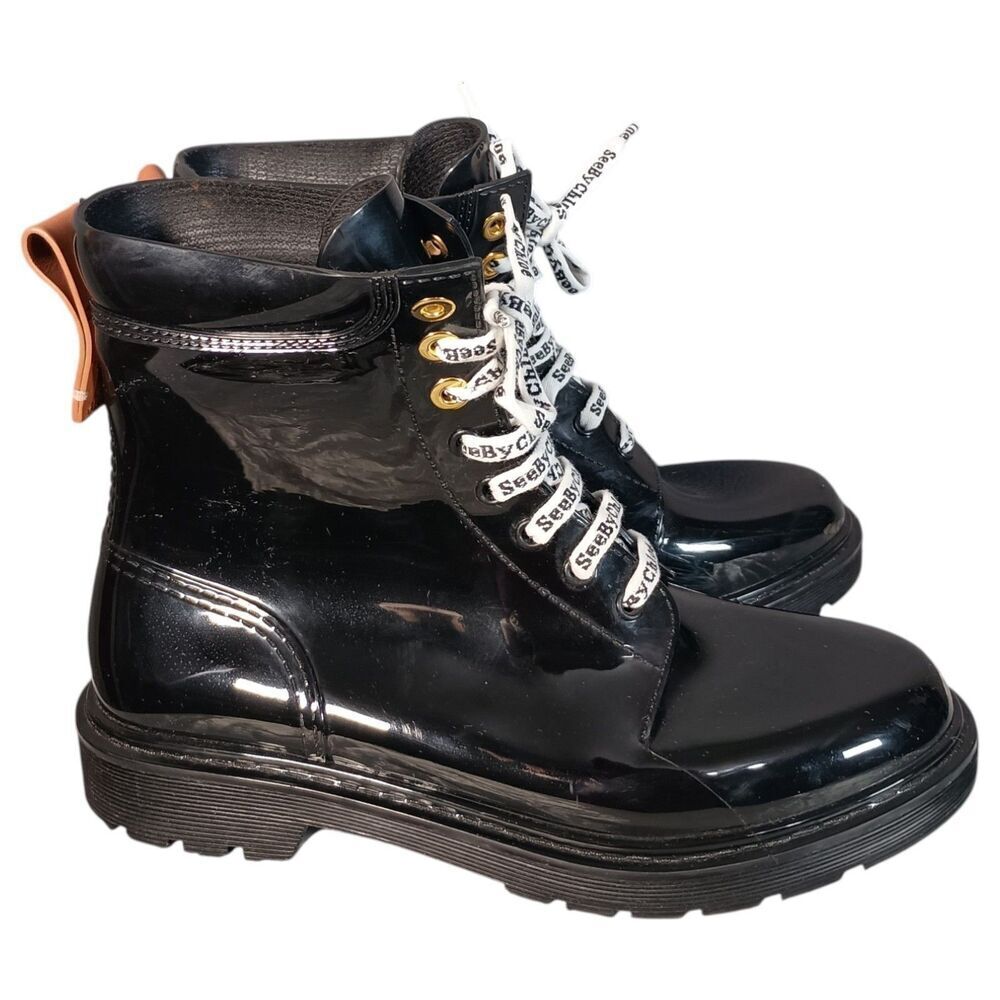 See By Chloe Combat Boots Women 40/US 10 Black Rubber Logo Lace Up